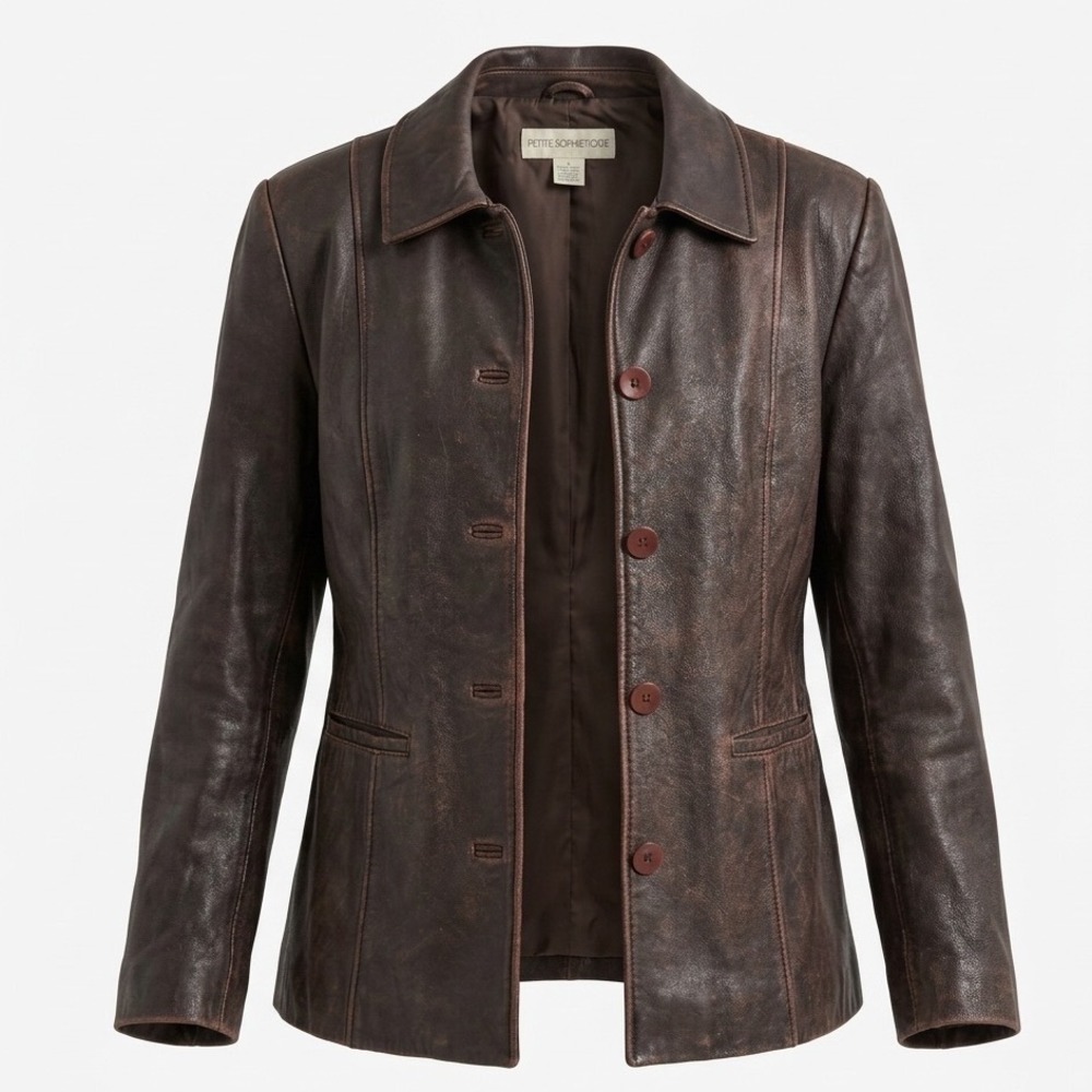 90s Vintage Brown Patina Leather Jacket Button Front Car Coat Eclectic Matrix M - Picture 1 of 9